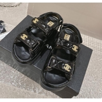 Purchase Chanel Calfskin Platform Strap Sandals with Metal-Tone CC Black 322079