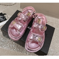 Top Grade Chanel Calfskin Platform Strap Sandals with Metal-Tone CC Pink 322083