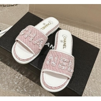 Unique Style Chanel Tweed Flat Slide Sandals with Chain Logo Pink 322085