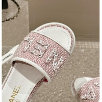 Unique Style Chanel Tweed Flat Slide Sandals with Chain Logo Pink 322085