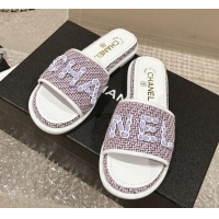 Pretty Style Chanel Tweed Flat Slide Sandals with Chain Logo Purple 322086