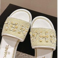 Best Product Chanel Tweed Flat Slide Sandals with Chain Logo Yellow 322087