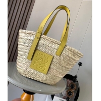 Inexpensive Loewe Medium Basket bag in raffia straw and calfskin 8005 Yellow 2024