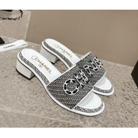 Purchase Chanel Tweed Heel Slide Sandals 3.5cm with Chain Logo Black/White 322091