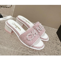 Sumptuous Chanel Tweed Heel Slide Sandals 3.5cm with Chain Logo Pink 322093