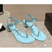 Best Price Chanel Lambskin Heel Thong Sandals 4.5cm with Chain CC and Crystals Light Blue 0322096