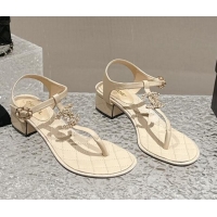 Buy Luxury Chanel Lambskin Heel Thong Sandals 4.5cm with Chain CC and Crystals Beige 322097