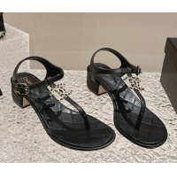 Stylish Chanel Lambskin Heel Thong Sandals 4.5cm with Chain CC and Crystals Black 322098