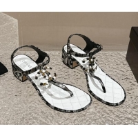 Classic Hot Chanel Suede and Laminated Heel Thong Sandals 4.5cm with Stone CC Black 322099