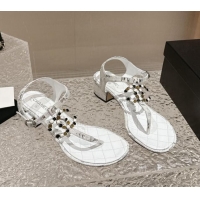 Durable Chanel Suede and Laminated Heel Thong Sandals 4.5cm with Stone CC White 322101