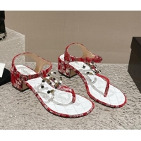 Pretty Style Chanel Suede and Laminated Heel Thong Sandals 4.5cm with Stone CC Red 322100