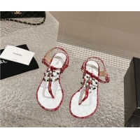 Pretty Style Chanel Suede and Laminated Heel Thong Sandals 4.5cm with Stone CC Red 322100