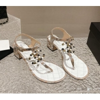 Unique Style Chanel Suede and Laminated Heel Thong Sandals 4.5cm with Stone CC Beige 0322102