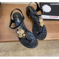 Luxurious Chanel Lambskin Heel Thong Sandals 4cm with Coin Charm Black 0322104