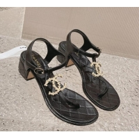 Most Popular Chanel Lambskin Heel Thong Sandals 4cm with Pears CC Black 322105