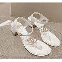 Big Discount Chanel Lambskin Heel Thong Sandals 4cm with Pears CC White 322107