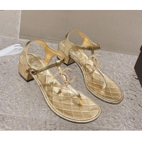 Perfect Chanel Lambskin Heel Thong Sandals 4cm with Pears CC Gold 0322108