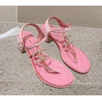 Low Price Chanel Velvet Heel Thong Sandals 4cm with Pears CC Pink 0322109