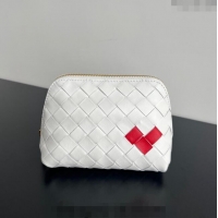 Top Quality Bottega Veneta Intrecciato Leather Beauty Pouch with Red Heart 764044 White 2024