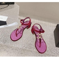 Generous Chanel Velvet Heel Thong Sandals 4cm with Pears CC Purple 322112