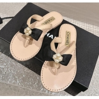 Stylish Chanel Calfskin Flat Slide Thong Sandals with Pearls Bow Beige 322117