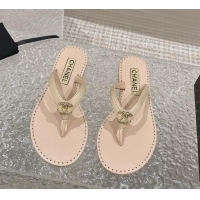 Sumptuous Chanel Calfskin Flat Slide Thong Sandals with Metal-Tone CC Beige 322120