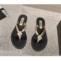 Grade Quality Chanel Calfskin Flat Slide Thong Sandals with Pearl Bow Gold 322123