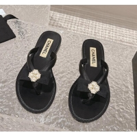 Good Quality Chanel Calfskin Flat Slide Thong Sandals with Pearl Bow Black 0322124