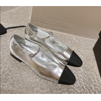 Best Price Chanel Calfskin & Grosgrain Mary Janes Ballet Flat Silver 322127