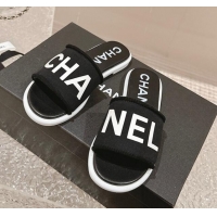 Perfect Chanel Knit Fabric Flat Slide Sandals with Logo Black/White 0322133