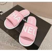 Most Popular Chanel Knit Fabric Flat Slide Sandals with Logo Pink 0322135