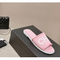 Most Popular Chanel Knit Fabric Flat Slide Sandals with Logo Pink 0322135