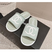 Best Product Chanel Knit Fabric Flat Slide Sandals with CC Green 322138