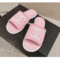 Best Product Chanel Knit Fabric Flat Slide Sandals with CC Pink 0322139