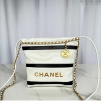 Top Quality Chanel Shiny Calfskin 22 Mini Shopping Bag AS3980 with Stripes White 2024