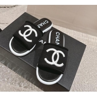 Good Quality Chanel Knit Fabric Flat Slide Sandals with CC Black/White 322142