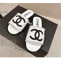 Sophisticated Chanel Knit Fabric Flat Slide Sandals with CC White/Black2 322143