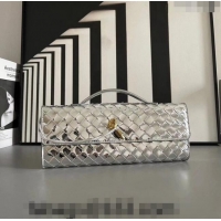 Famous Brand Bottega Veneta Long Clutch Bag Andiamo With Handle in Intrecciato Leather 741511 Silver 2023