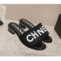 Good Quality Chanel Knit Fabric Heel Slide Sandals with Logo Black/White 322145