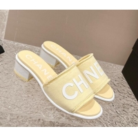 Purchase Chanel Knit Fabric Heel Slide Sandals with Logo Yellow 322147