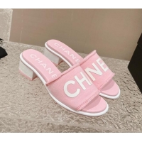 Good Looking Chanel Knit Fabric Heel Slide Sandals with Logo Pink 0322148