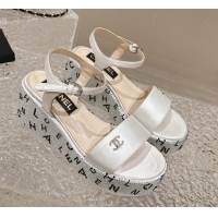 Most Popular Chanel Satin Wedge Sandals with Paved Crystals White 323006