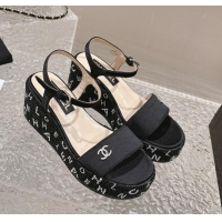 Pretty Style Chanel Satin Wedge Sandals with Paved Crystals Black 323007