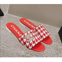 Top Design Chanel Houndstooth Fabric Flat Slide Sandals with Crystals CC Red 0323008