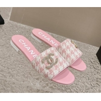 Charming Chanel Houndstooth Fabric Flat Slide Sandals with Crystals CC Light Pink 323009