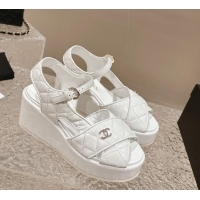 Good Product Chanel Shiny Calfskin Wedge Sandals with Crystal CC G39918 White 323012