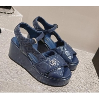 Fashion Chanel Shiny Calfskin Wedge Sandals with Crystal CC G39918 Dark Blue 323013