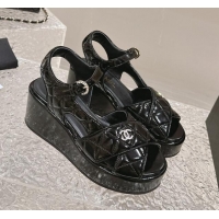 Low Cost Chanel Shiny Calfskin Wedge Sandals with Crystal CC G39918 Black 323014