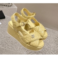 Luxurious Chanel Shiny Calfskin Wedge Sandals with Crystal CC G39918 Yellow 0323015