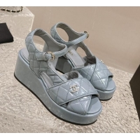 Durable Chanel Shiny Calfskin Wedge Sandals with Crystal CC G39918 Grey 323019